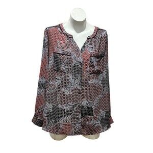 Roz & Ali Blouse Womens Plus 2XL Red Black Paisley Long Sleeve Split Neck